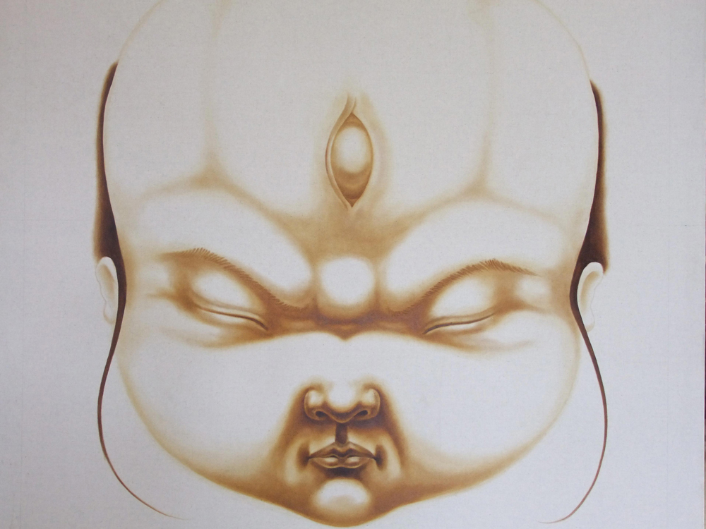 布面油画 145x145 - 有象征性第三只眼睛的蒙古儿童