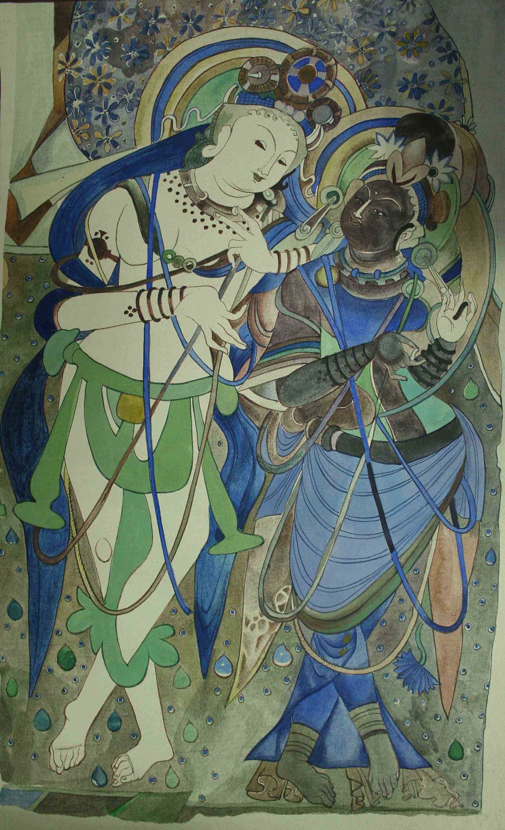 Gouache auf Leinwand 44x28 - stellt die mongolische Götterwelt dar